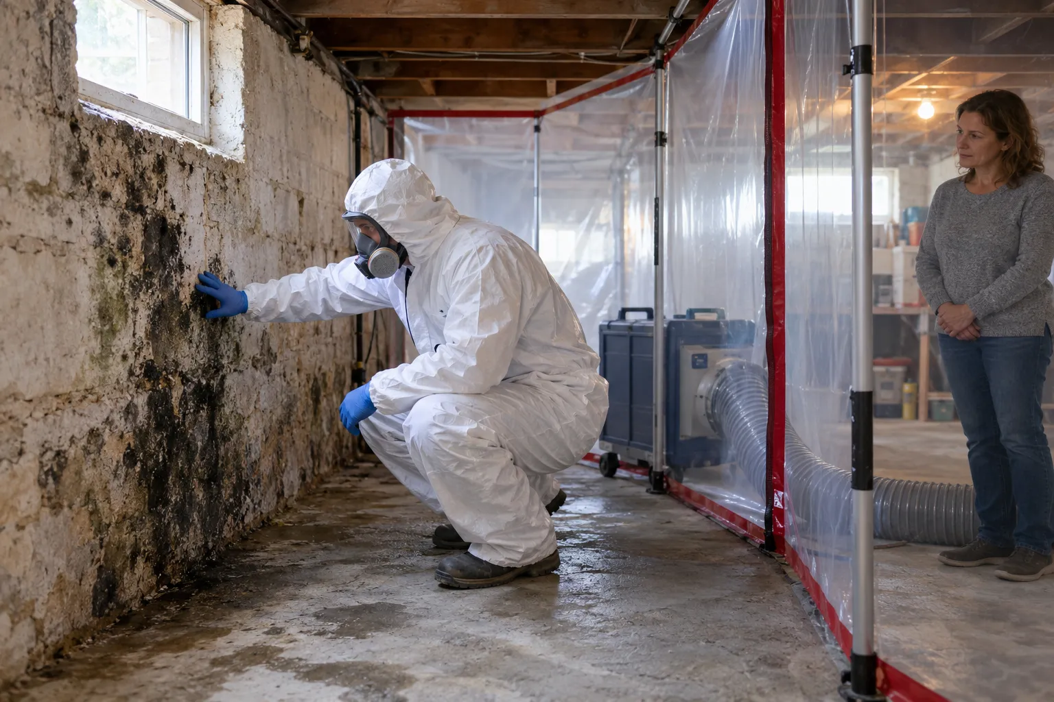Provider in protective gear inspecting a basement wall for black mold in a home in Woodbury
