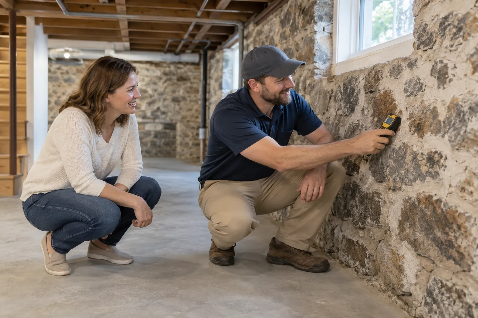 A damp basement wall being checked for mold in a home in Woodbury