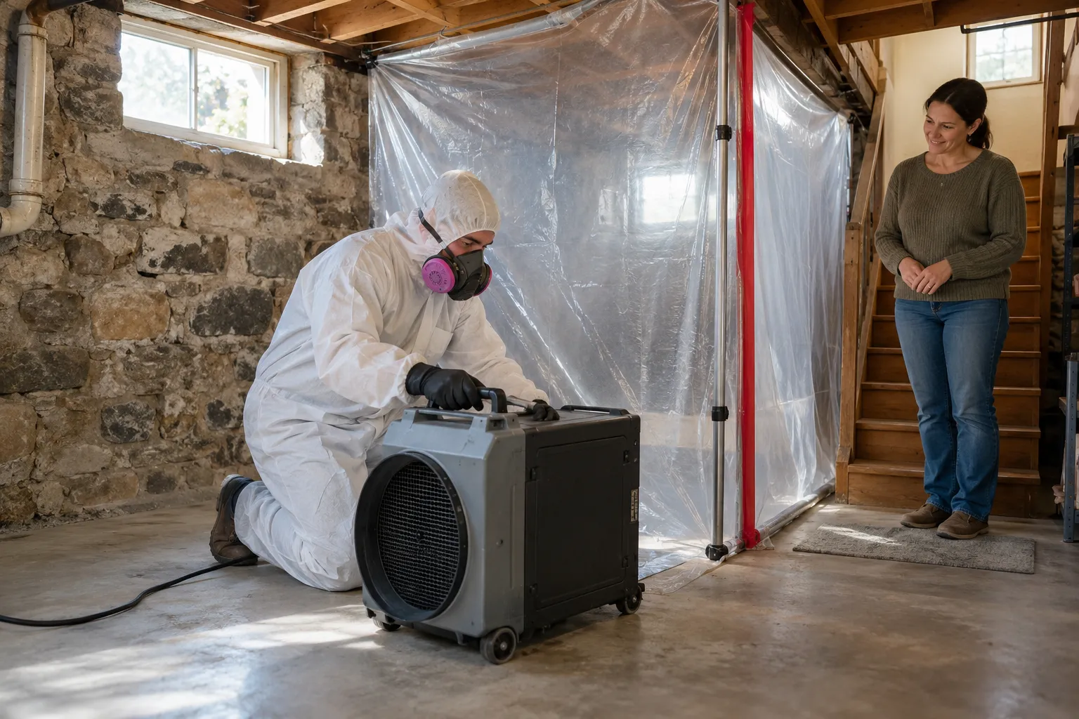 Local provider in protective gear setting up containment in a basement in Woodbury