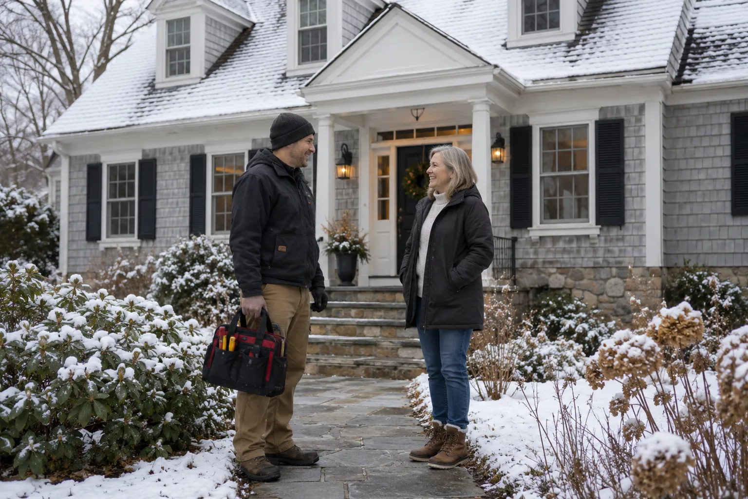 A cozy Cape Cod style home in Woodbury on a snowy winter morning